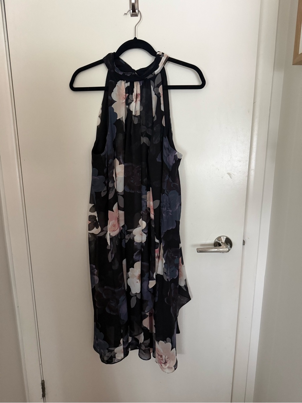 Floral High-Low Halter Dress in Black and Pink